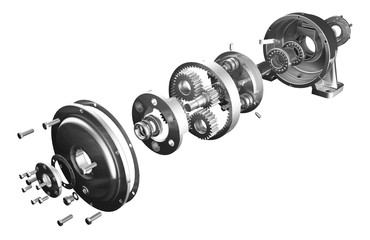 3D illustration of details on a white background. Planetary gearbox in disassembled form, bearings, shafts and gears.