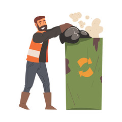 Wall Mural - Man Janitor Throwing Garbage Bags into Recycling Container, Male Professional Cleaning Staff Character Wearing Orange Vest, Cleaning Company Service Vector Illustration