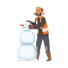 Poster - Man Janitor Making Snowman, Male Professional Cleaning Staff Character, Cleaning Company Service Vector Illustration