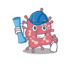 Sticker - Cartoon character of haemophilus ducreyi brainy Architect with blue prints and blue helmet