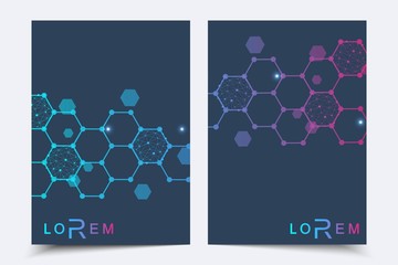 Vector templates for brochure magazine leaflet flyer cover booklet annual report. Modern futuristic hexagonal pattern with particle, molecule structure for medical, technology, chemistry, science.