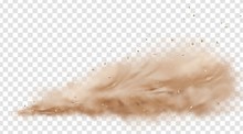 Road Dust Cloud With Flying Stones And Particles Isolated On Transparent Background. A Cloud Of Dust Sand Flying From Under The Wheels Of A Fast-moving Car Or Motorcycle. Realistic Vector Illustration