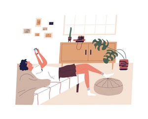 Poster - Young man spend time at home, surfing internet or chatting in social network or messenger. Male character lying in bed with smartphone. Stay home concept. Vector illustration in flat cartoon style