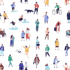Poster - Colorful seamless pattern with different people walking on the street. Men, women, children outdoors. Modern spring background with tiny people. Vector illustration in flat cartoon style