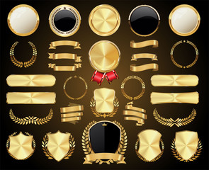 collection of golden badges labels laurels shield and metal plates