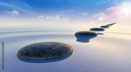 Fotografía 3d render of black stones on calm sea water