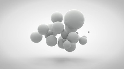 Poster - 3D animation of a cube that splits into several cubes. Cubes turn into spheres that are randomly distributed in space and disappear. Animation with the ability of continuous playback.