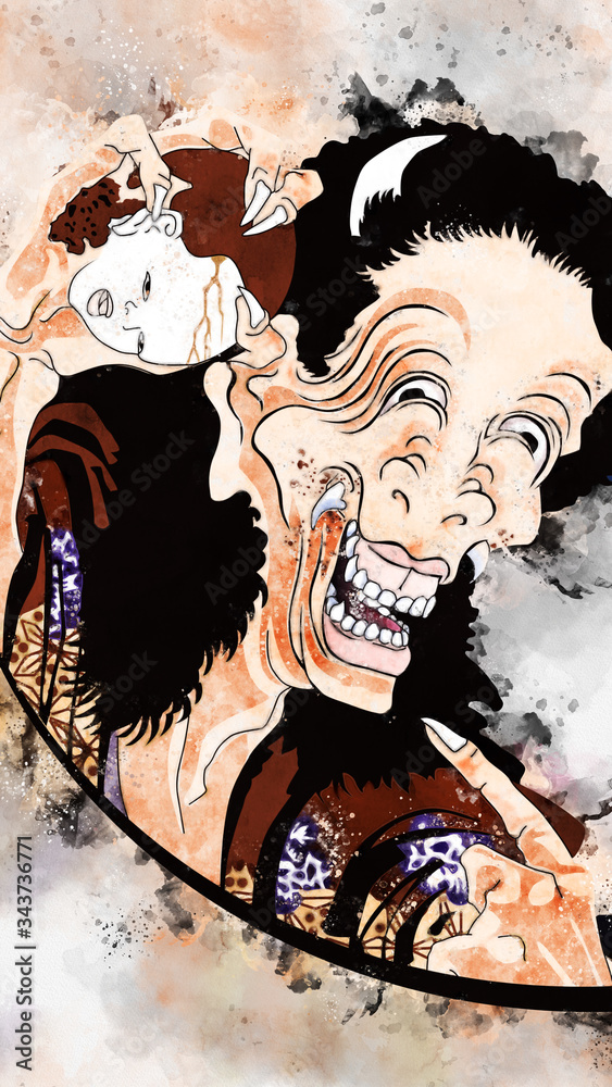 浮世絵 笑般若 その2 水彩バージョン Stock Illustration | Adobe Stock