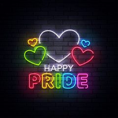 Poster - Pride neon sign, bright signboard, light banner. Happy Pride Day logo neon, emblem and label. Vector illustration