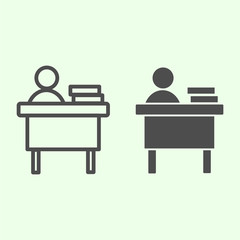 Poster - Office workplace line and solid icon. Businessman working at desk with books outline style pictogram on white background. Work and job signs for mobile concept and web design. Vector graphics.