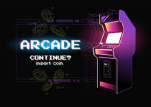 Neon Illustration Of Arcade Game Machine. Retro Gaming, Game Of 80s-90s. Technology And Entertainment Concept. Advertisement Design.