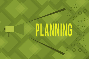 Poster - Writing note showing Planning. Business concept for process of thinking about the activities required to achieve a goal Megaphone Extending Loudness and Volume Range for Public Announcement