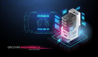 Wall Mural - Artificial intelligence and robotic quantum computing processor concept. Creative isometric illustration with HUD elements. Quantum computer technology concept.