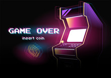 Neon Illustration Of Arcade Game Machine. Retro Gaming, Game Of 80s-90s. Technology And Entertainment Concept. Advertisement Design.