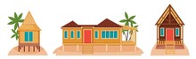 Bungalow Houses On Tropical Islands. Illustration Of Exotic Architecture. Holiday Of Rest, Tourism, Summer Mood, Vacation. Villas In Various Architectural Designs
