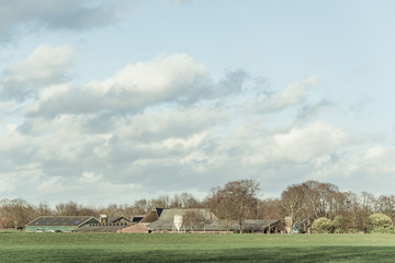 Wall Mural - Barns and silos in sunny winter countryside with blue cloudy sky.