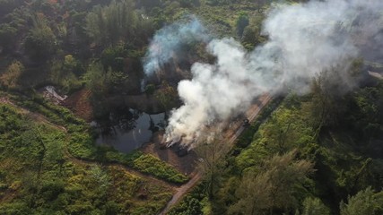 Wall Mural - Burning farmland and forest for agriculture. Smoke and carbon dioxide emissions causing climate change and global warming 