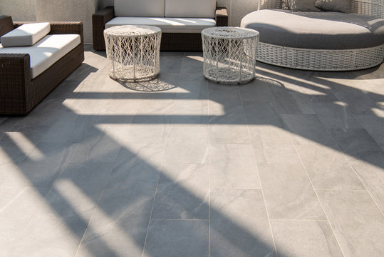 beautiful terrace, grey floor tile outdoor.