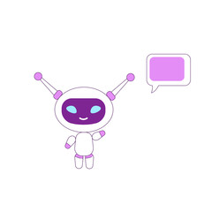 Poster - Virtual assistant flat color vector character. Boy bot waving hand. AI smiling and greeting. Purple humanoid robot with speech bubble isolated cartoon illustration for web graphic design and animation