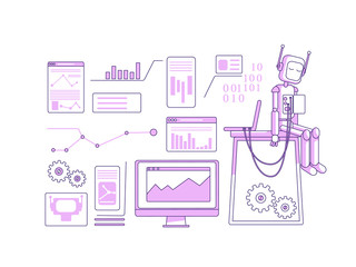 Poster - Electronics engineering items purple linear objects set. Scientific laboratory equipment thin line symbols pack. Software and robot isolated outline illustrations on white background