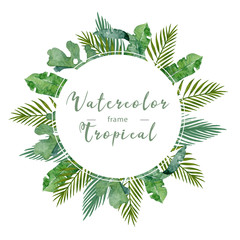 Wall Mural - Watercolor jungle frame with tropical palm leaves. Hand drawn illustration exotic green leaf with background. Circle banner