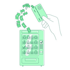 Poster - Contactless micropayment thin line concept vector illustration. Person and vending machine 2D cartoon character for web design. NFC technology, e-pay system, money transfer creative idea