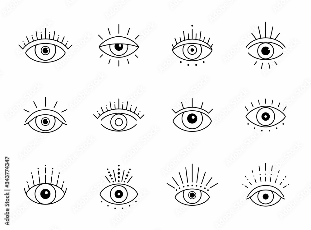 Vector eye boho design. Outline eyes symbols, tattoo design - obrazy, fototapety, plakaty 
