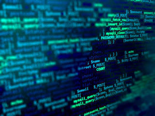 Programming code on monitor screen. Developer work. Abstract background for search job. HTML, php web programming source code.