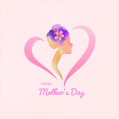 Wall Mural - Happy mother's day. Happy mom with daughter in heart shaped silhouette plus abstract watercolor painted.Happy  mother's day. Double exposure illustration. Digital art painting. Vector illustration