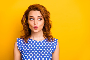 Wall Mural - Close-up portrait of her she nice attractive lovely winsome girlish feminine curious cheerful wavy-haired girl sending air kiss isolated over bright vivid shine vibrant yellow color background