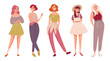 Collection of stylish young women dressed in trendy clothes. Set of fashionable casual and formal outfits. Bundle of cute girls standing in different poses. Flat cartoon colorful vector illustration.