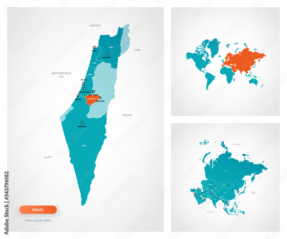 Editable template of map of Israel with marks. Israel  on world map and on Asia map.