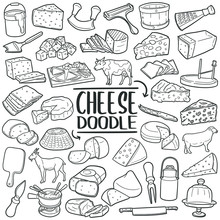 Cheese Doodle Icon Set. Types Of Cheese And Tools. Vector Illustration Collection. Hand Drawn Line Art Style.
