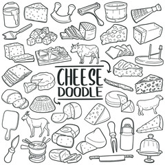 Wall Mural - Cheese doodle icon set. Types of cheese and tools. Vector illustration collection. Hand drawn Line art style.