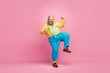 © deagreez - Full length body size view of his he nice funky crazy carefree positive glad bearded guy dancing having fun good mood rejoicing isolated over pink pastel color background