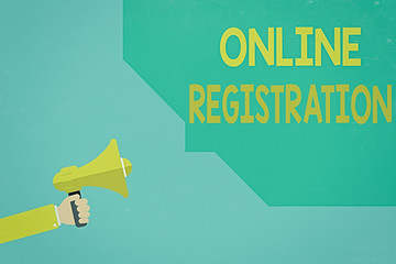 Aufkleber - Writing note showing Online Registration. Business concept for Process to Subscribe to Join an event club via Internet Hu analysis Hand Hold Megaphone with Sound icon and Bubble