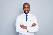 © deagreez - Photo of cheerful doctor dark skin guy virologist agent corona virus seminar conference arms crossed pandemic virus expert wear white lab coat tie isolated grey color background