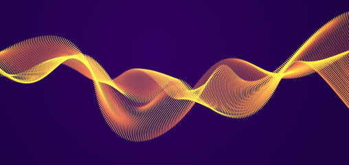 Dynamic particles sound wave flowing over dark. Dotted curves vector abstract background. Beautiful 3d wave shaped array of shining blended points.