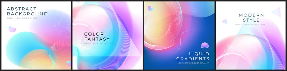 Wall Mural - Set of square liquid color abstract geometric shapes. Fluid gradient elements for minimal banner, logo, social post. Futuristic trendy dynamic square banners. Abstract background. Eps10 vector.