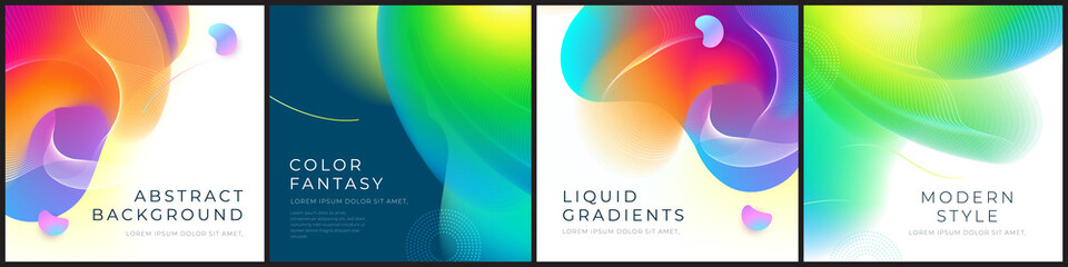 Wall Mural - Set of square liquid color abstract geometric shapes. Fluid gradient elements for minimal banner, logo, social post. Futuristic trendy dynamic square banners. Abstract background. Eps10 vector.