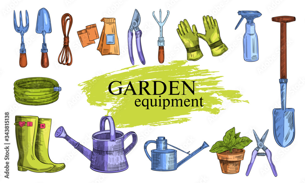 Vector stock set of garden equipment: shovel, watering can, gloves ...