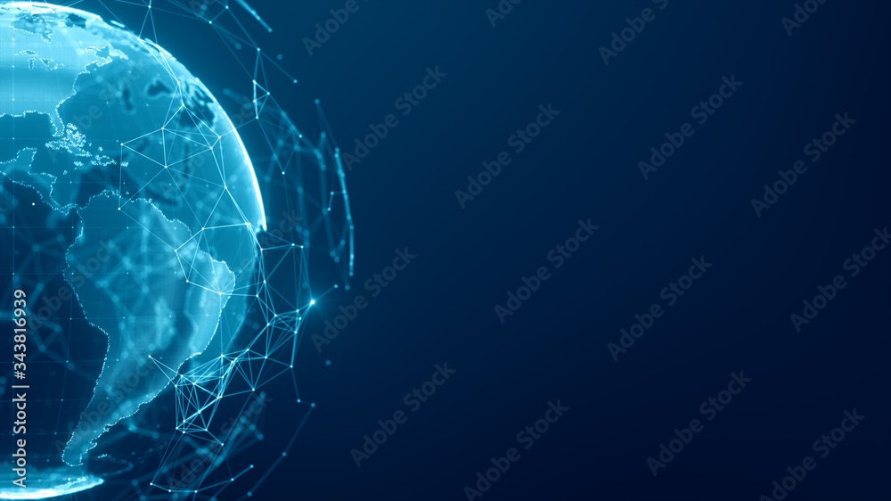 Communication technology global world network concept. Connection lines Around Earth Globe, Motion of digital data flow. Futuristic Technology Theme Background with Light Effect. - obrazy, fototapety, plakaty 