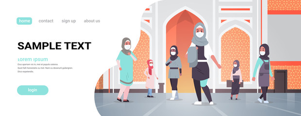 Wall Mural - arab women in medical masks coming to nabawi mosque building quarantine covid-19 quarantine pandemic concept people praying in traditional clothes horizontal full length copy space vector illustration