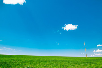 Meadow field with clouds and blue sky. Beautiful  minimal summer landscape of the hills.