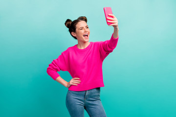 portrait of her she nice attractive lovely cheerful cheery wavy-haired girl taking making selfie win