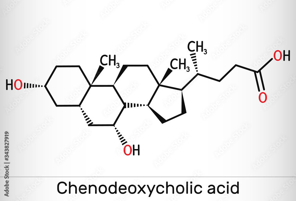 Chenodeoxycholic acid, CDCA, chenocholic acid, C24H40O4 molecule. It is ...