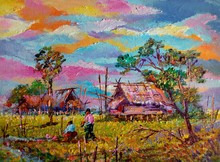 Art Painting Oil Color Hut Northeast Thailand Countryside , Rural Life , Rural Thailand 