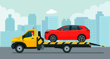 Wall Mural - A tow truck with a driver transports a broken SUV car against the backdrop of the cityscape. Vector flat style illustration.