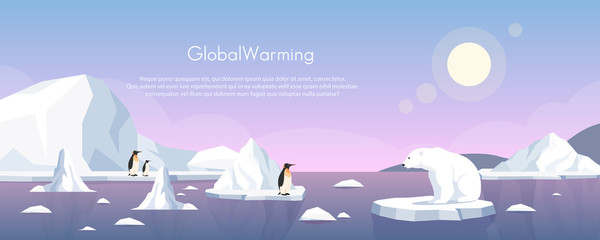 global warming ice landscape vector illustration. cartoon flat penguins group and polar bear floatin