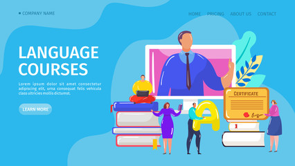 Wall Mural - Language online course, landing vector illustration. Distance internet school for learn foreign language at computer. Student character with large books, certificate and vocabulary.